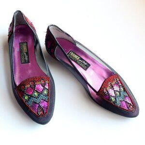 Beverly Feldman Black Mesh w Sequin & Beads Embellished Pointy Toe Slip On Flats